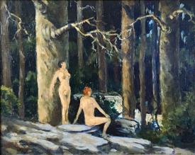 Two Nudes at Waterfall by Harold Woodford Pond