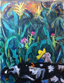 Farmer with Yellow Hat Calling Cows by Schomer Lichtner